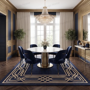 A luxurious hand-tufted rectangular area rug featuring a solid deep navy blue center, surrounded by an intricate, interlocking geometric border in a warm gold tone. The plush wool texture is clearly visible, showcasing premium craftsmanship. Designed for contemporary and elegant interiors, perfectly suited for living rooms and dining spaces.