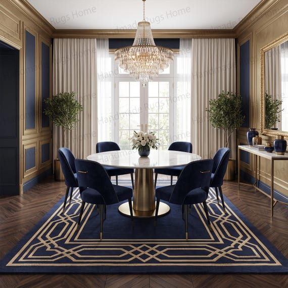 Navy Blue Geometric Wool Rug | Hand-Tufted Carpet with Gold Border, Living Room Decor