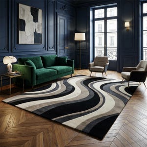 Black cream gray abstract rug for refined spaces,

Designer wave inspired carpet with soft surface,

Modern art influenced wool rug centerpiece