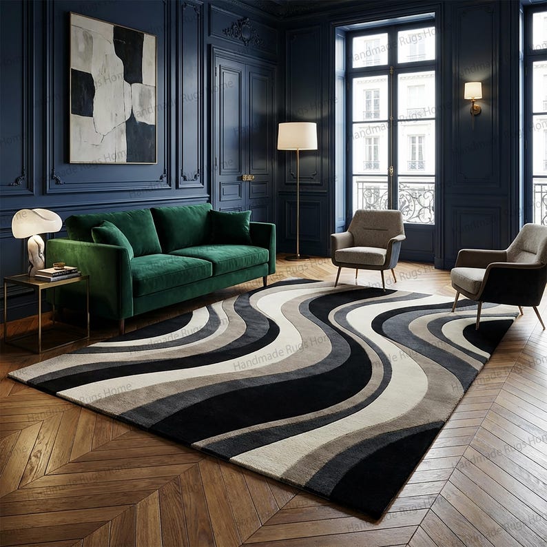 Black cream gray abstract rug for refined spaces,

Designer wave inspired carpet with soft surface,

Modern art influenced wool rug centerpiece