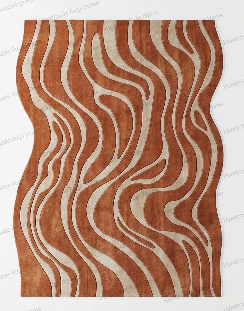 Terracotta Wavy Area Rug, Hand Tufted Wool for Mid Century Modern Style ...