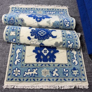 Handmade Oushak Wool Rug: Cream & Blue Turkish Area Rug