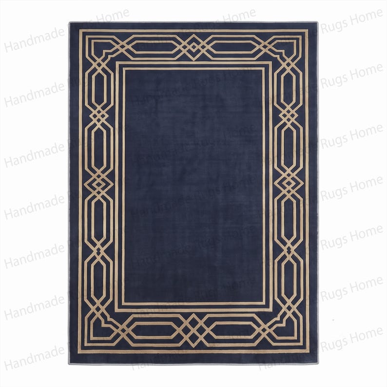 Isolated flatlay, Art Deco double border and linear center on navy, art deco area rug, navy blue gold area rug