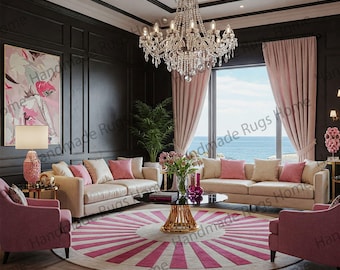 Round Pink Wool Rug, Sunburst Accent for Bedroom or Nursery, Hand tufted in India