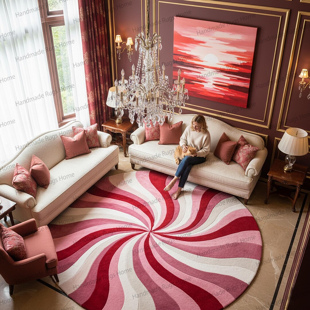 Raspberry Rugs Hand-tufted Wool Round Rug, Raspberry Swirl Design, Vibrant Spiral ...