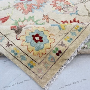 Hand-Knotted Oushak Wool Rug: Pastel Floral Turkish Carpet