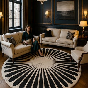 May include: A round rug with a black and white sunburst design dominates the room's decor. The rug is centered in a room with cream-colored sofas, a chandelier, and dark blue walls. The room has a luxurious and elegant feel.