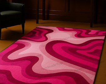 Pink Retro Waves Hand-Tufted Wool Rug – Modern Geometric Carpet