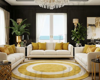 Round Gold and White Rug, Sunshine Nursery Accent, Hand-Tufted Wool Decor