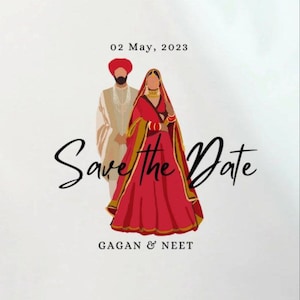 May include: Wedding invitation with a stylized illustration of a couple in traditional attire. The text "Save the Date" is prominently displayed, along with the date, time, and location of the event. The invitation is in a vertical format.