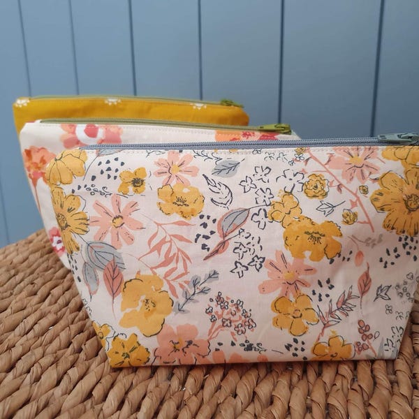 Handmade zippered pouch - bees, florals, sunshine