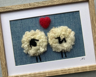 Mr & Mrs sheep picture on denim fabric, Unique wedding or anniversary gift, Original home artwork, Gift for her