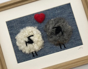 Mr & Mrs sheep artwork on denim, Cute needle felted anniversary gift, Unique wedding gift, Original gift for her or him