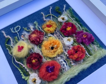 Needle felted floral artwork on denim, Original handmade flowers gift for nature lover or gardener, Unique framed picture on recycled jeans