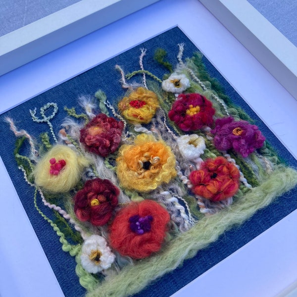 Needle felted floral artwork on denim, Original handmade flowers gift for nature lover or gardener, Unique framed picture on recycled jeans