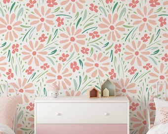 Extraíble Pink Posie Floral Nursery Kid's Wallpaper, Mural de flores Pastel de dormitorio infantil, Arte de pared de dormitorio lindo, Decoración de bebé y niño pequeño