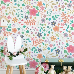 Rimovibile Pink Posie Floral Nursery Kid's Wallpaper, Bambini Camera da letto Pastel Flowers Mural, Cute Bedroom Wall Art, Baby & Toddler Decor