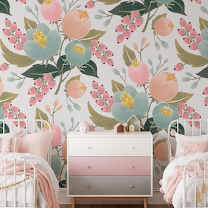 Abnehmbare rosa Posie Blumen Kinderzimmer Kindertapete, Kinderzimmer Pastell Blumen Wandbild, süße Schlafzimmer Wandkunst, Baby & Kleinkind Dekor