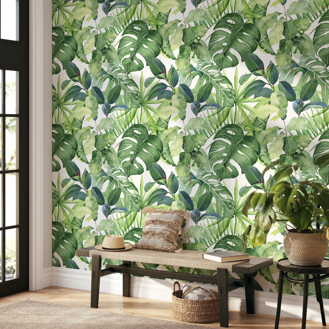 Removable Floral Wallpaper, Tropical Floral Wallpaper, Banana Leaf Wallpaper, Monstera Leaf