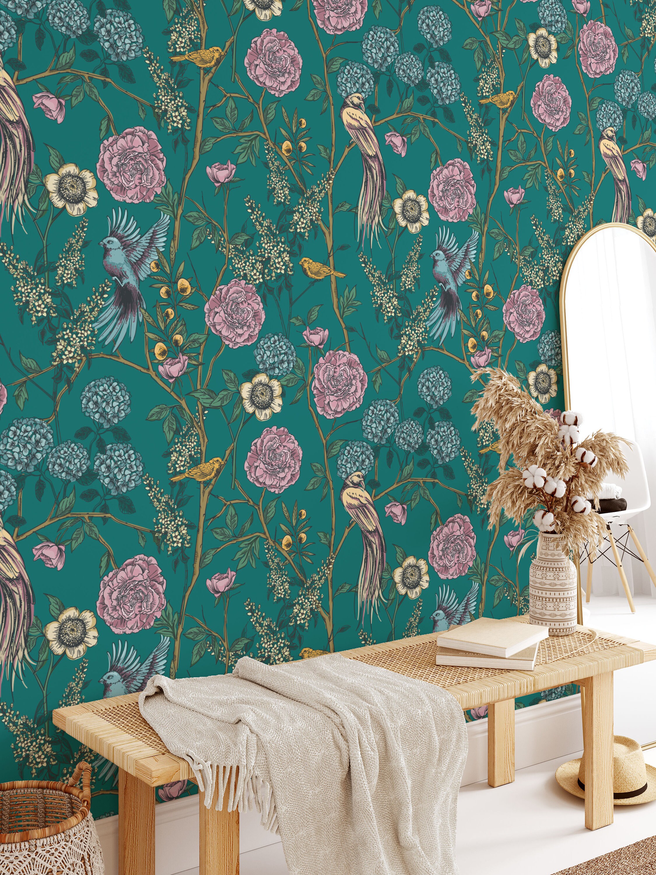 Removable Floral Wallpaper, Mural Floral Wallpaper, Botanical Custom ...