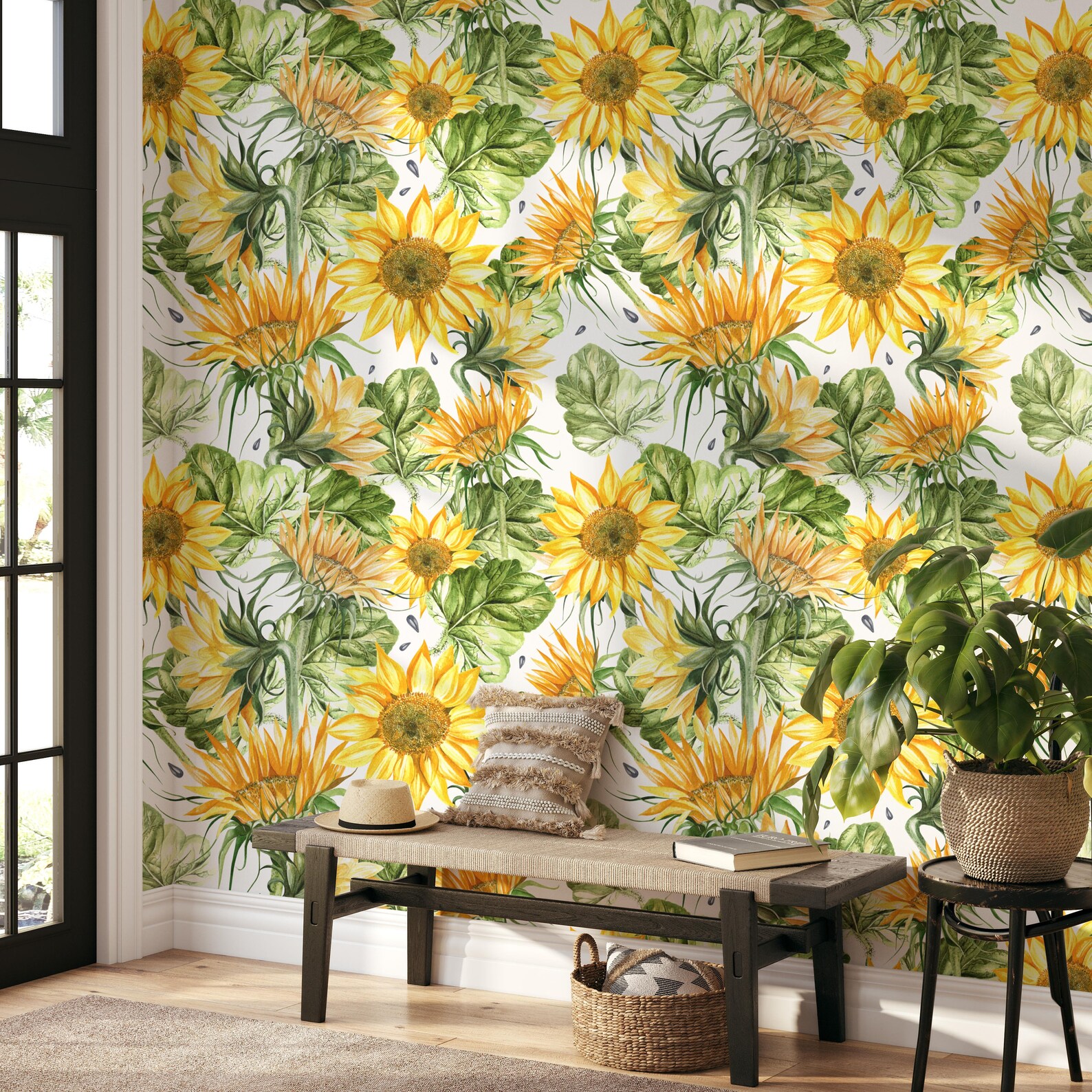 Removable Floral Wallpaper, Tropical Floral Wallpaper, Sunflower