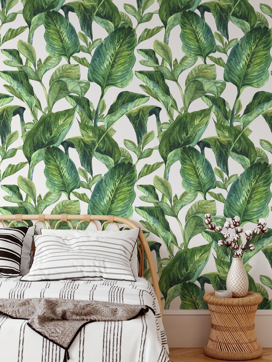 Removable Floral Wallpaper, Tropical Floral Wallpaper, Banana Leaf