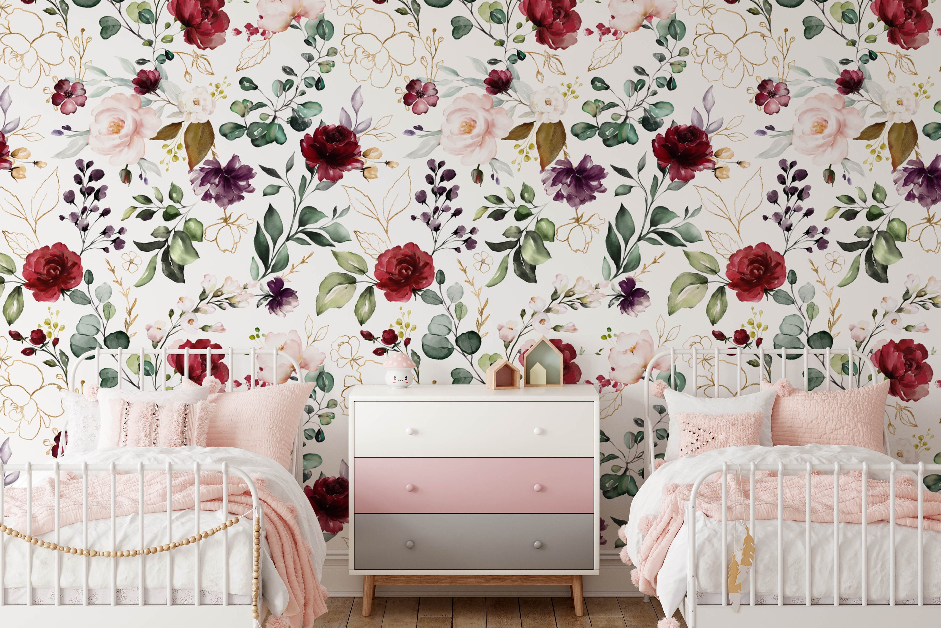Floral Nursery Wallpaper, Removable Stick on Mural Floral Wallpaper ...
