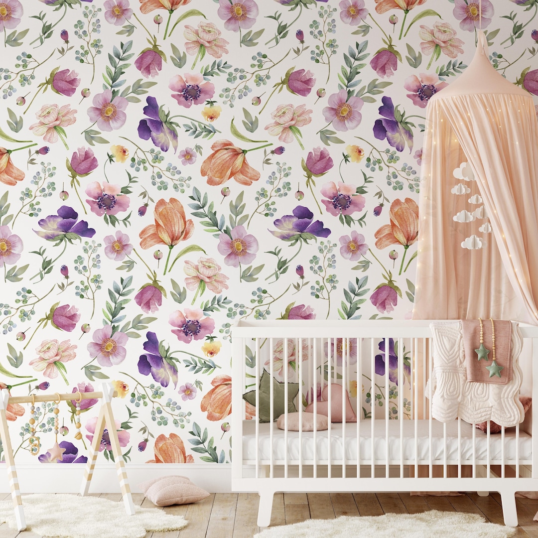 Floral Nursery Wallpaper, Removable Stick on Mural Floral Wallpaper ...