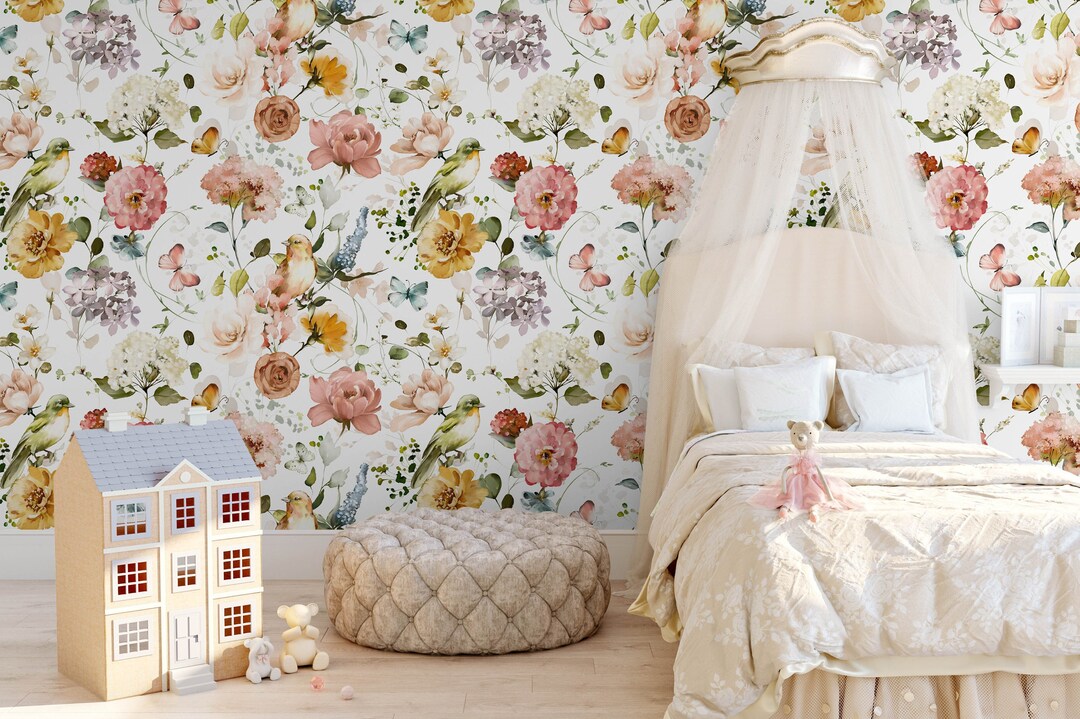 Floral Nursery Wallpaper, Removable Stick on Mural Floral Wallpaper ...