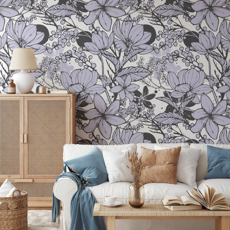 Removable Floral Wallpaper, Mural Floral Wallpaper, Botanical Custom