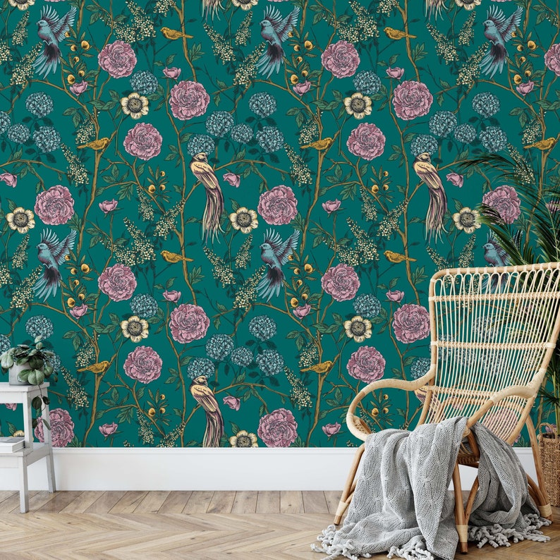 Removable Floral Wallpaper, Mural Floral Wallpaper, Botanical Custom