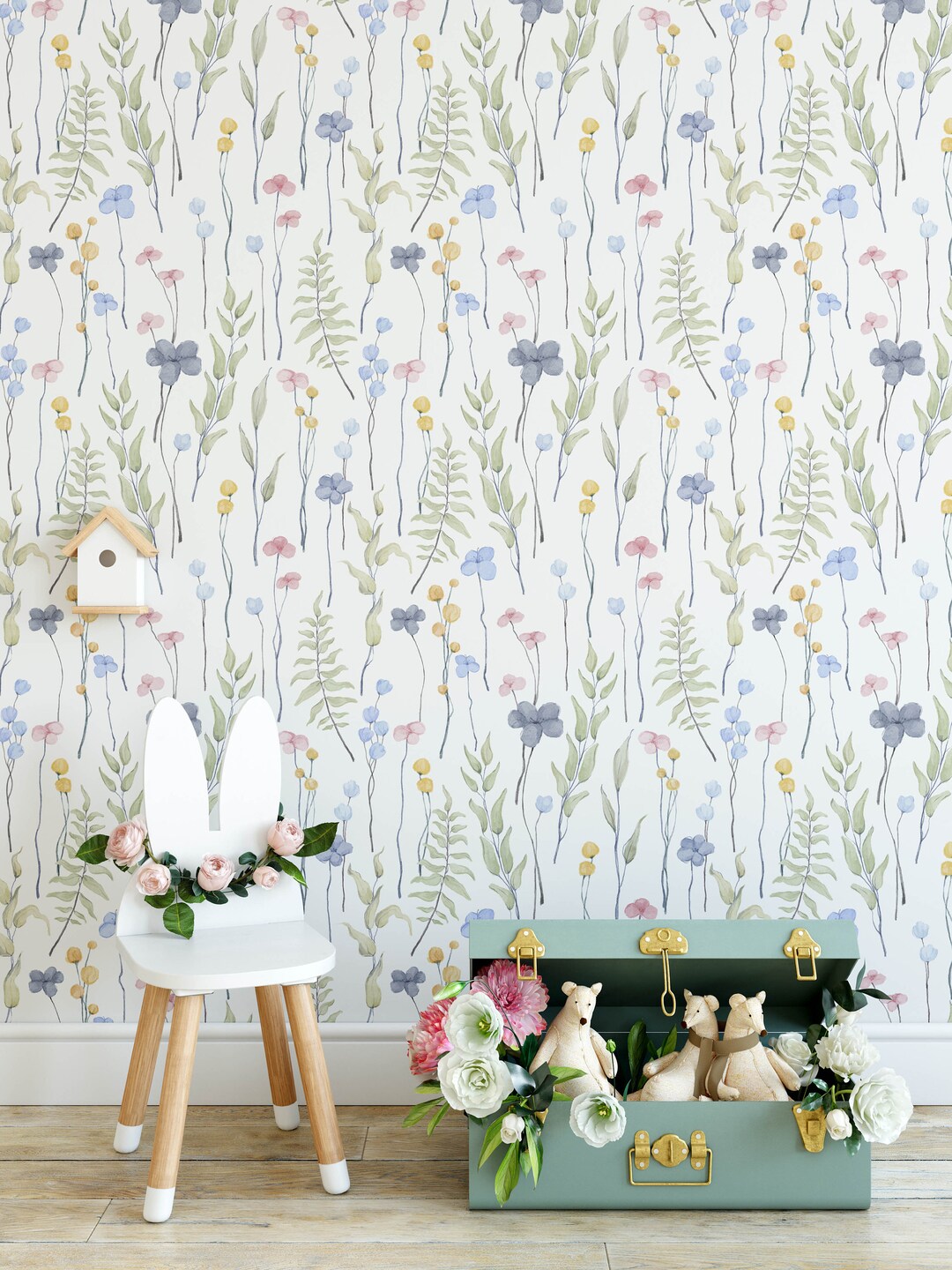 Floral Nursery Wallpaper, Removable Stick on Mural Floral Wallpaper ...
