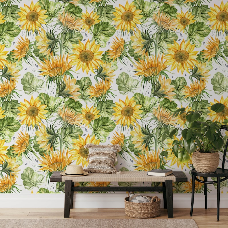 Removable Floral Wallpaper, Tropical Floral Wallpaper, Sunflower