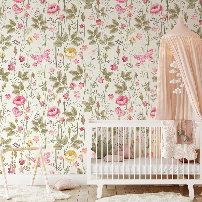 Floral Nursery Wallpaper Removable Stick on Mural Floral - Etsy