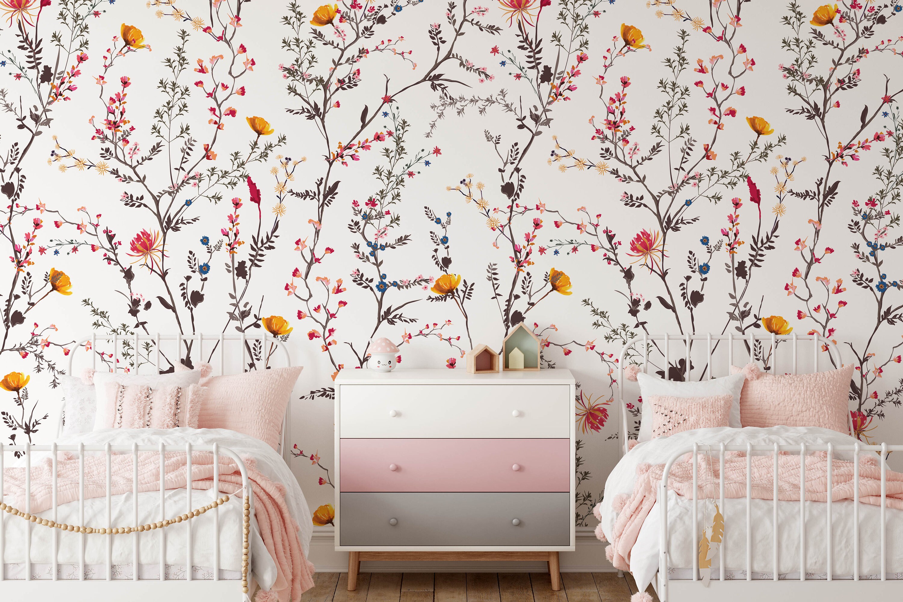 Floral Nursery Wallpaper, Removable Stick on Mural Floral Wallpaper ...