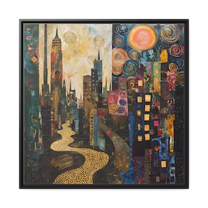 Romance of New York in Fall - Klimt Style Abstract Framed Canvas Print Wall Art - Extra Large Sustainable Frame