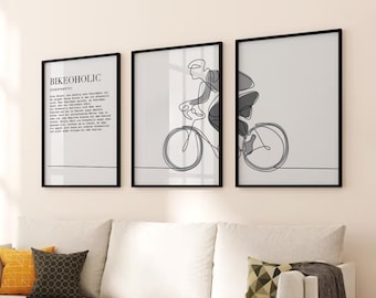 BIKEOHOLIC  Fahrrad Poster 3-teilig, das perfekte Geschenk, Illustration minimalistisch, Rennrad, Geschenkidee, Biker