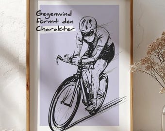 Plakat rowerowy | Przeciwne wiatry kształtują charakter | ilustracja | Prezent rowerowy | Prezent dla rowerzystów