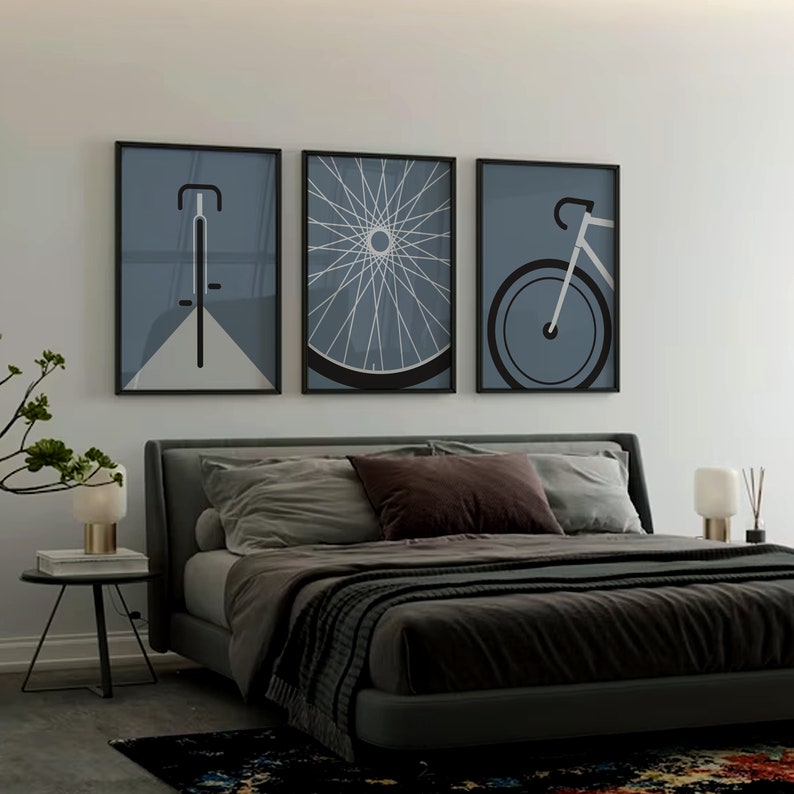 Poster Artwork Fahrrad 3-teilig, Fahrrad Geschenk, Illustration minimalistisch, Rennrad, Geschenkidee, Biker Wandbild Taubenblau