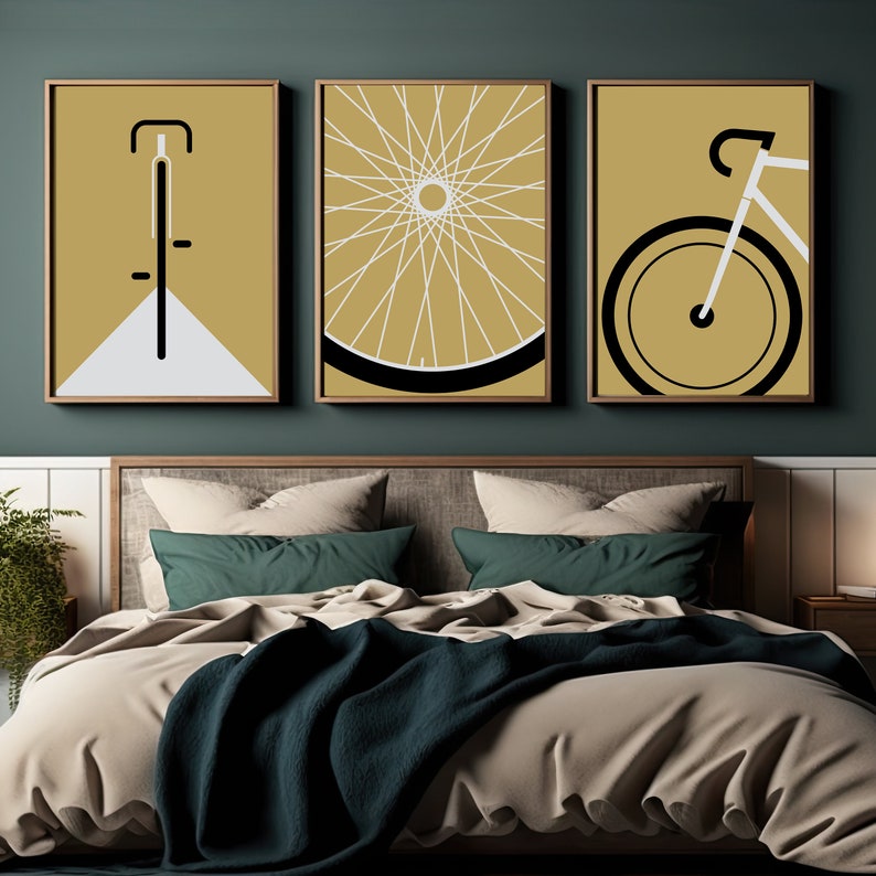 Poster Artwork Fahrrad 3-teilig, Fahrrad Geschenk, Illustration minimalistisch, Rennrad, Geschenkidee, Biker Wandbild Senf