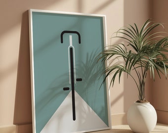 May include: A framed print of a minimalist bicycle design in black and white on a teal background. The bicycle is centered on a white triangle.