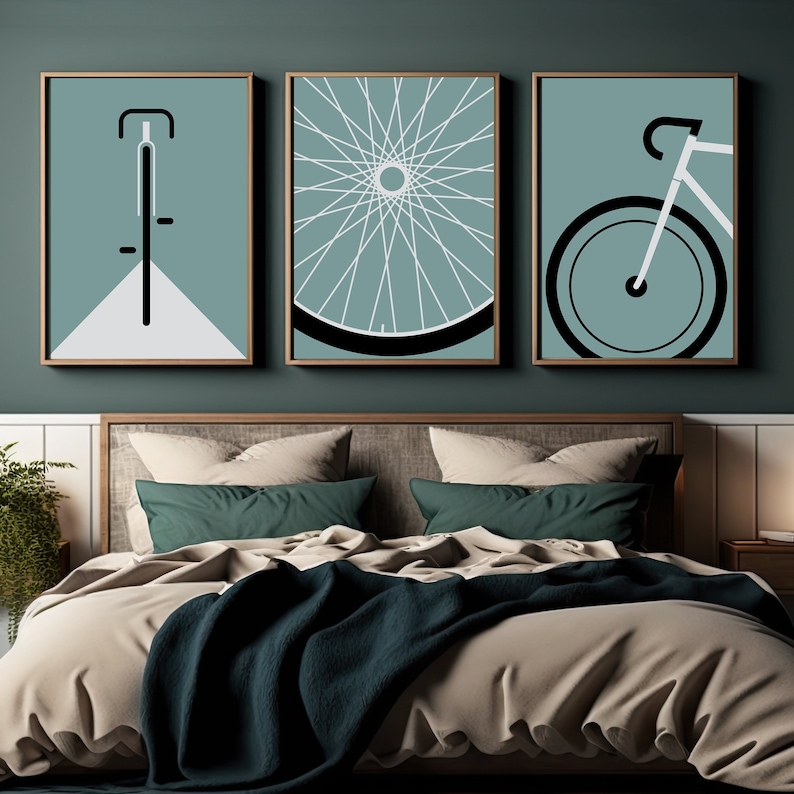 Poster Artwork Fahrrad 3-teilig, Fahrrad Geschenk, Illustration minimalistisch, Rennrad, Geschenkidee, Biker Wandbild Mint