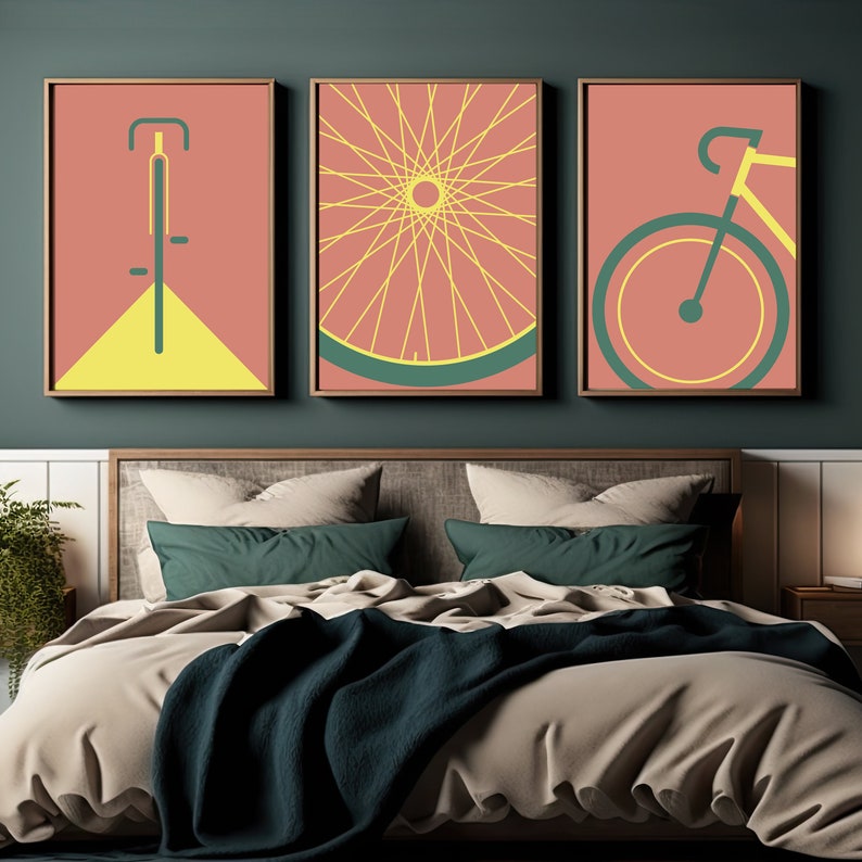 Poster Artwork Fahrrad 3-teilig, Fahrrad Geschenk, Illustration minimalistisch, Rennrad, Geschenkidee, Biker Wandbild Orange