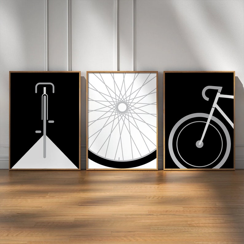 Poster Artwork Fahrrad 3-teilig, Fahrrad Geschenk, Illustration minimalistisch, Rennrad, Geschenkidee, Biker Wandbild Schwarz