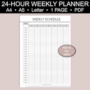 24 Hour Weekly Planner Printable Weekly Schedule Template - Etsy