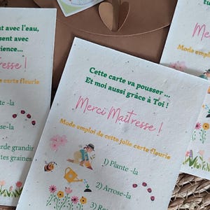 Carte ensemencée personnalisée 10x15 + enveloppe+notice Merci maîtresse ,ATSEM ,nounou carte à planter fleurs ,fin année scolaire, prénom