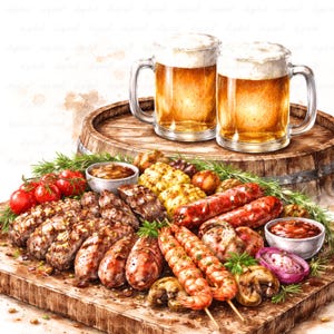 以下が含まれることがあります： 木樽の上に2つのビールジョッキが置かれたバーベキューの饗宴の水彩イラスト。グリルした肉、トウモロコシ、トマト、エビの串、ディップソースが木製のまな板に並べられています。