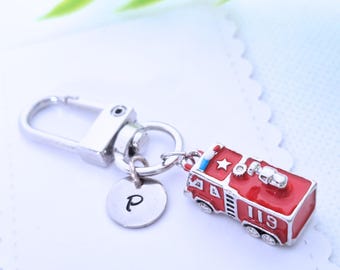 Firefighter Truck Keychain, Personalized Initial, Enamel Charm