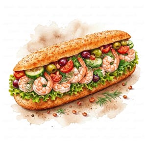 Può includere: Illustrazione ad acquerello di un panino ai gamberi su una baguette ai semi di sesamo. Il panino è farcito con lattuga, gamberi, olive, pomodori e cetrioli. L'immagine ha un effetto acquerello con uno sfondo marrone chiaro.