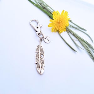 May include: A silver-coloured keychain featuring a feather charm and a small circular tag with the letter "N". The keychain is attached to a clasp. A yellow flower and green stems are in the background.